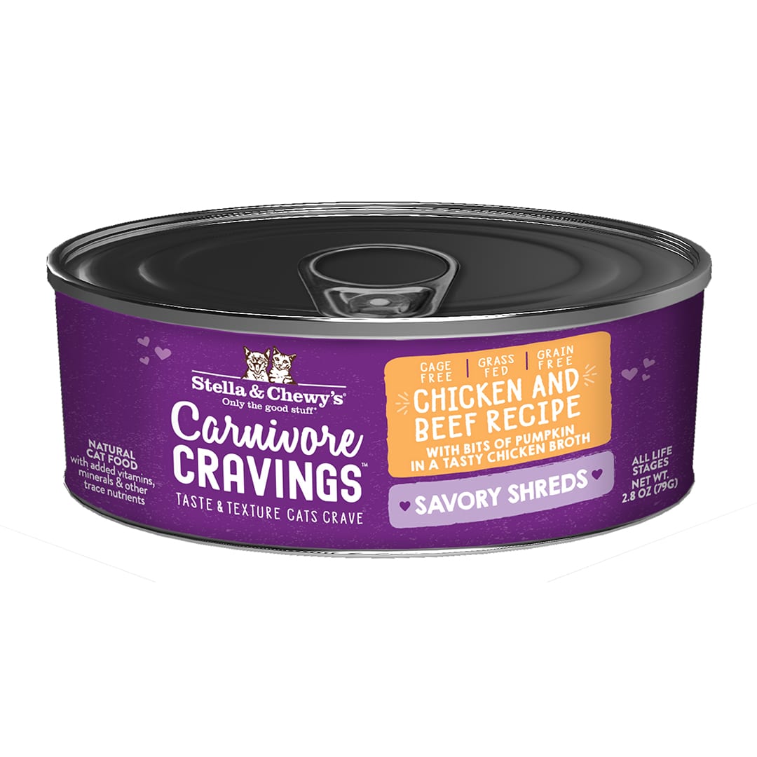 Carnivore Cravings Savory Shreds Chicken & Beef Recipe - Grain-Free Canned Wet Cat Food Shreds in Broth by Stella & Chewy's