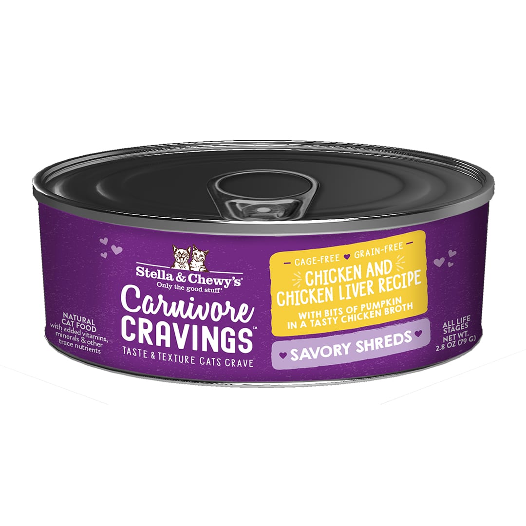 Carnivore Cravings Savory Shreds Chicken & Chicken Liver Recipe - Grain-Free Canned Wet Cat Food Shreds in Broth by Stella & Chewy's