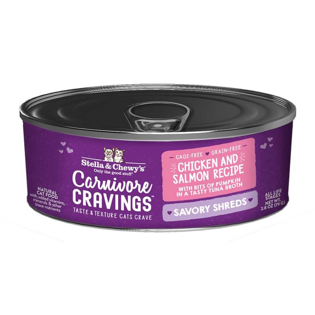 Carnivore Cravings Savory Shreds Chicken & Salmon Recipe - Grain-Free Canned Wet Cat Food Shreds in Broth by Stella & Chewy's