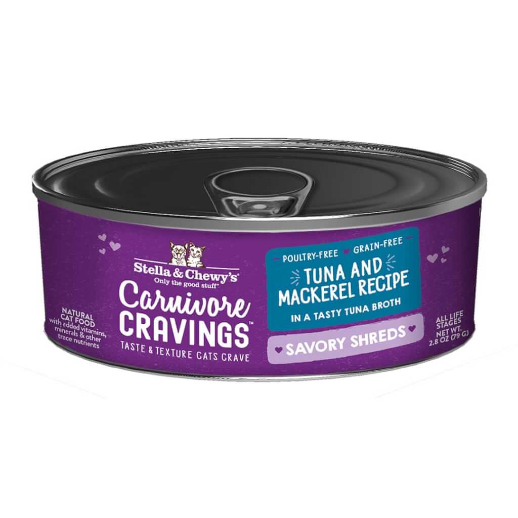 Carnivore Cravings Savory Shreds Tuna & Mackerel Recipe - Grain-Free Canned Wet Cat Food Shreds in Broth by Stella & Chewy's