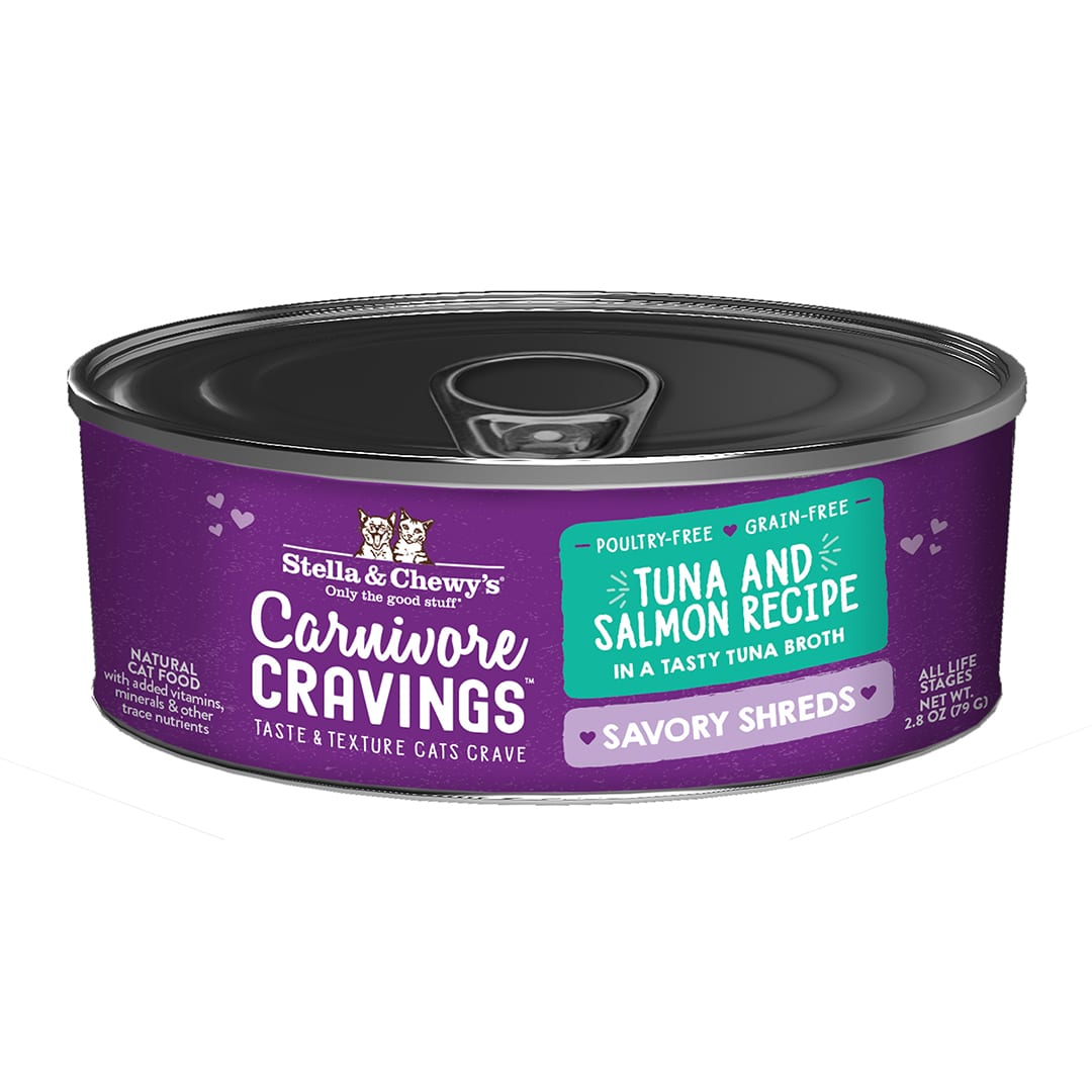 Carnivore Cravings Savory Shreds Tuna & Salmon Recipe - Grain-Free Canned Wet Cat Food Shreds in Broth by Stella & Chewy's
