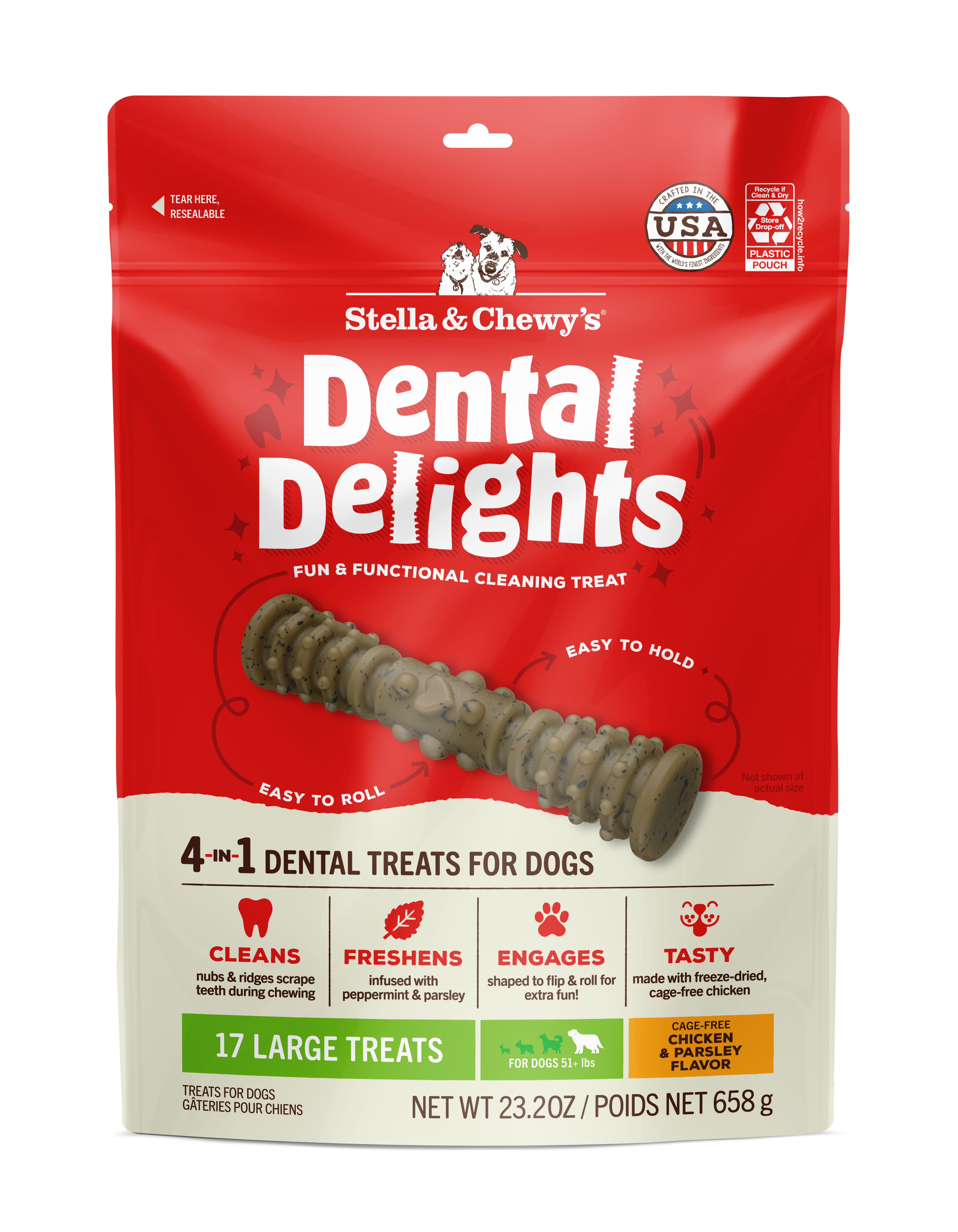 Dental Delights Large Dog Dental Chews - Vet Formulated Natural Dental Treats for Fresh Breath & Proven Tartar/Plaque Control by Stella & Chewy's