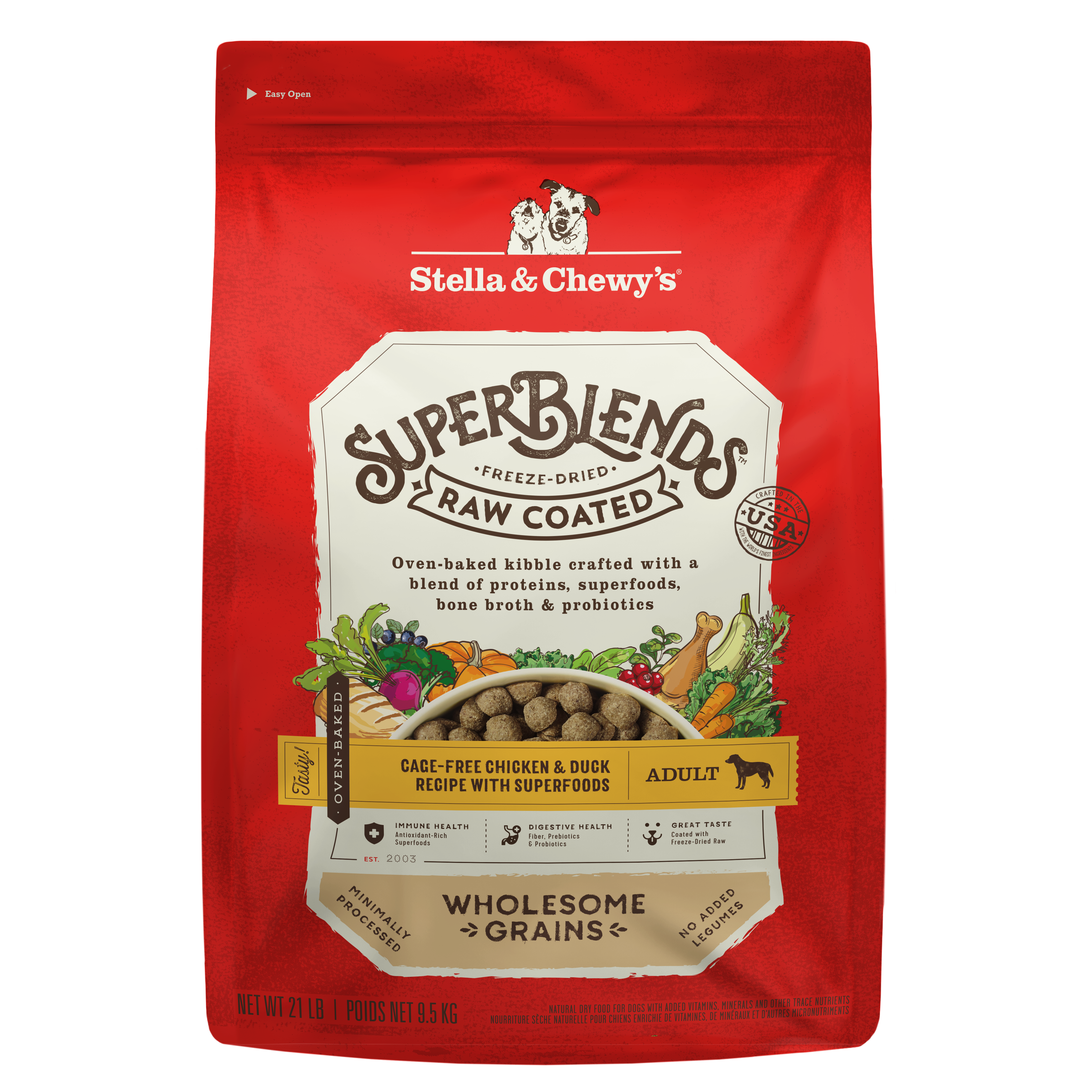 SuperBlends Chicken & Duck Dry Dog Food: Raw Coated Oven Baked Kibble with Superfoods, Antioxidants & Probiotics - Made in USA by Stella & Chewy's