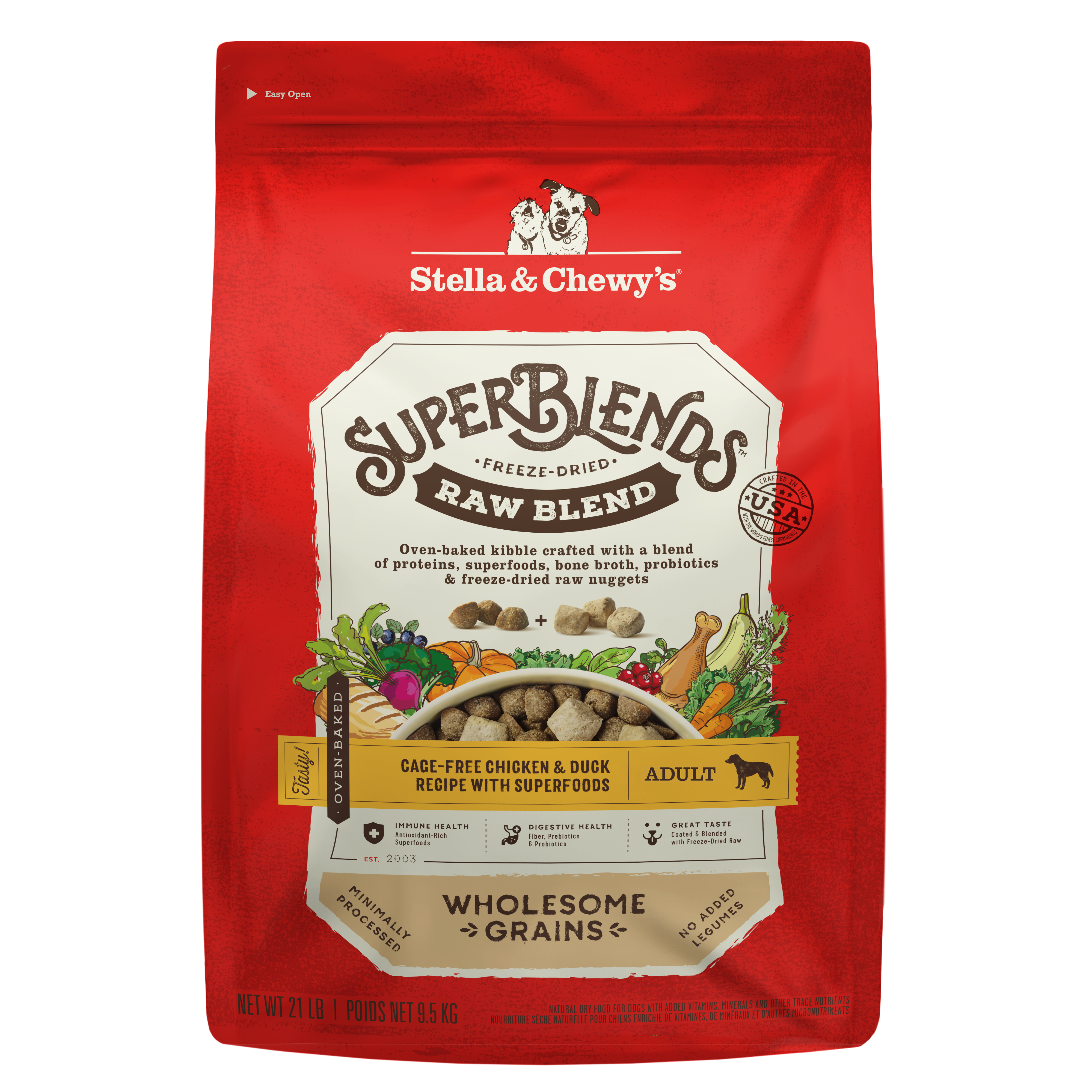 SuperBlends Chicken & Duck Dry Dog Food: Raw Coated/Raw Blend Oven Baked Kibble with Superfoods, Antioxidants & Probiotics - Made in USA by Stella & Chewy's