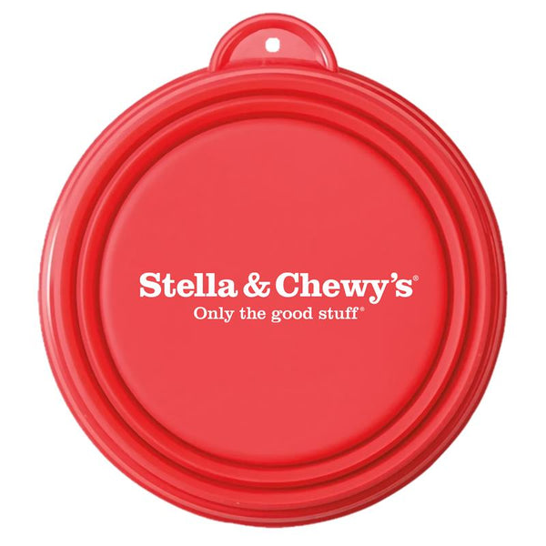 Red pet food container lid with 'Stella & Chewy's' logo on a white background