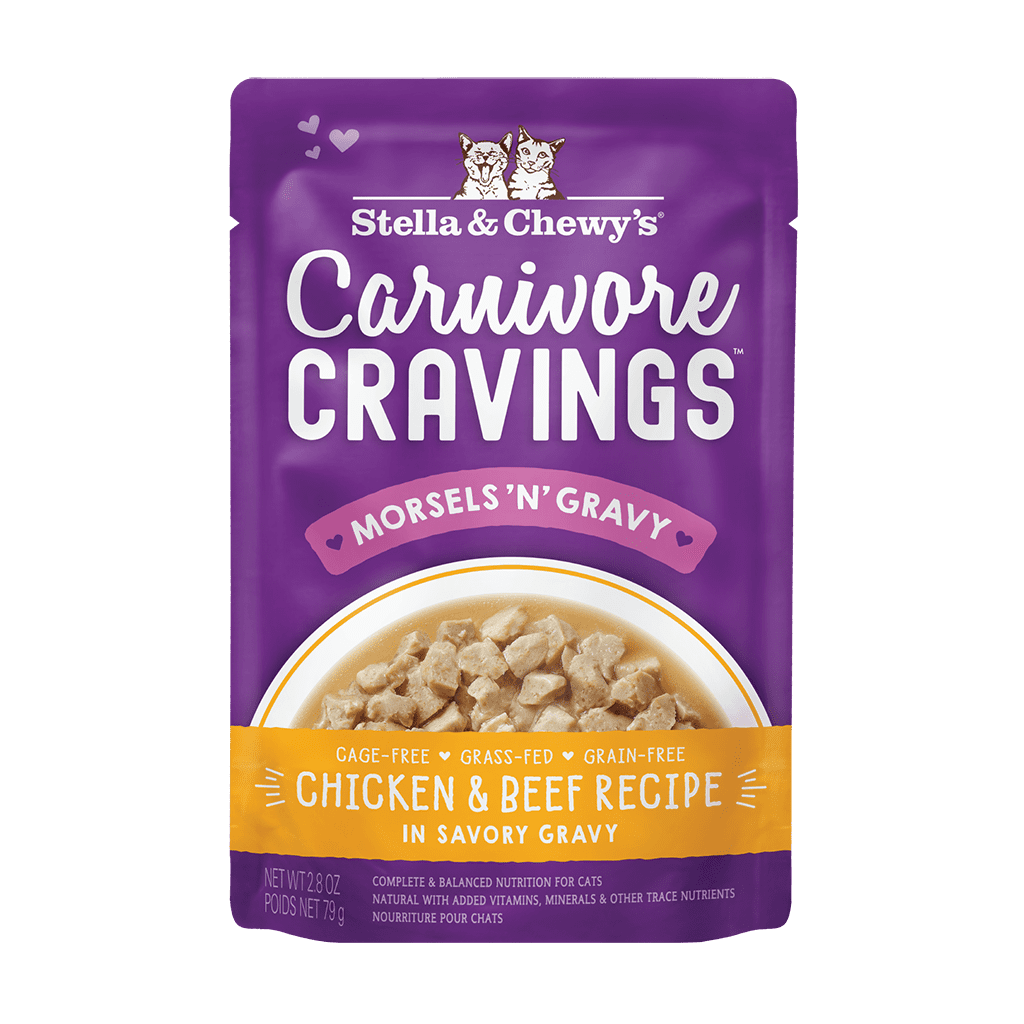 Carnivore Cravings Morsels ‘N’ Gravy Chicken & Beef Liver Recipe - Grain-Free Wet Cat Food Morsels in Pouches with Gravy by Stella & Chewy's