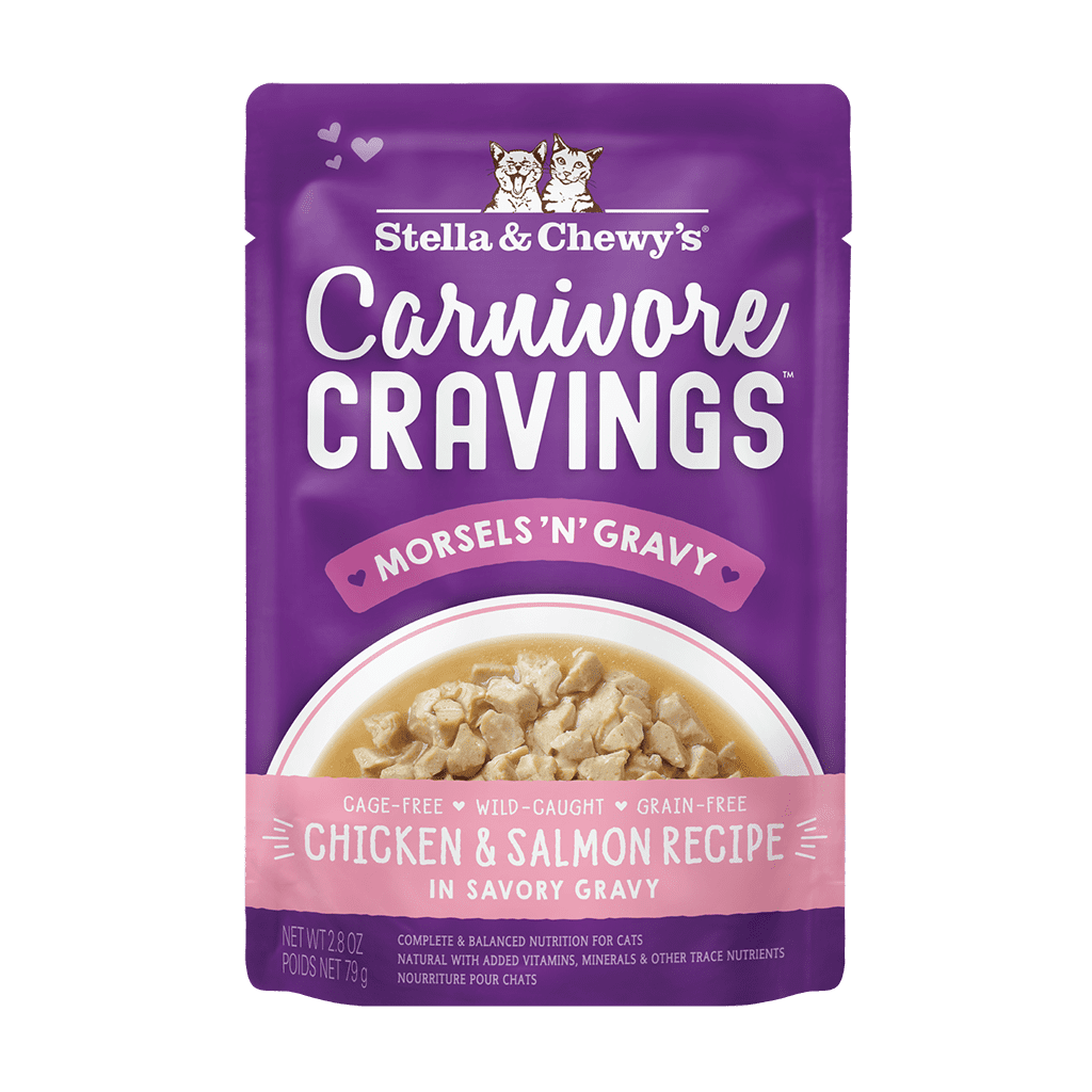 Carnivore Cravings Morsels ‘N’ Gravy Chicken & Salmon Recipe - Grain-Free Wet Cat Food Morsels in Pouches with Gravy by Stella & Chewy's