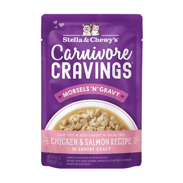 Carnivore Cravings Morsels 'N' Gravy Cage-Free Chicken & Wild-Caught Salmon Recipe in Savory Gravy Pouch Front