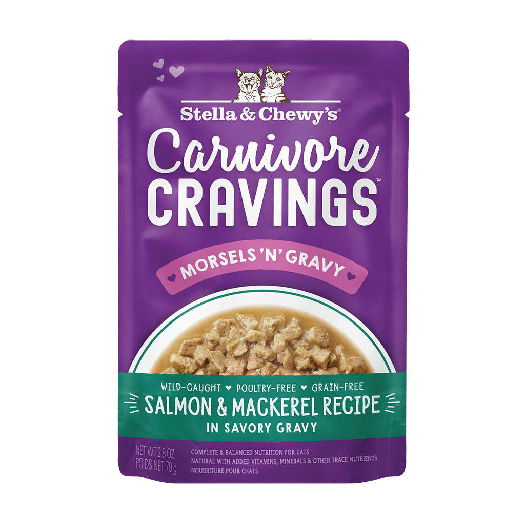 Carnivore Cravings Morsels ‘N’ Gravy Salmon & Mackerel Recipe - Grain-Free Wet Cat Food Morsels in Pouches with Gravy by Stella & Chewy's