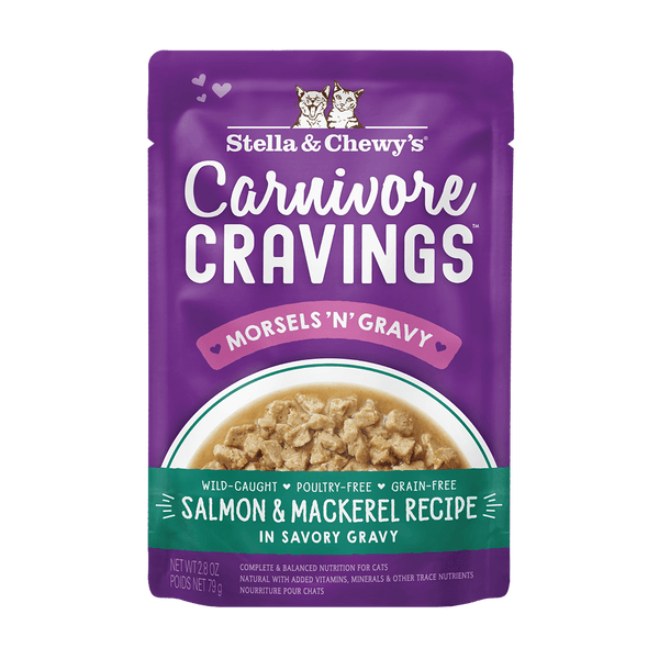 Carnivore Cravings Morsels 'N' Gravy Wild-Caught Salmon & Mackerel Recipe in Savory Gravy Pouch Front