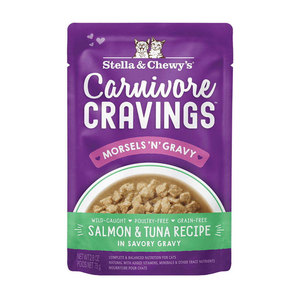 Carnivore Cravings Morsels ‘N’ Gravy Salmon & Tuna Recipe - Grain-Free Wet Cat Food Morsels in Pouches with Gravy by Stella & Chewy's