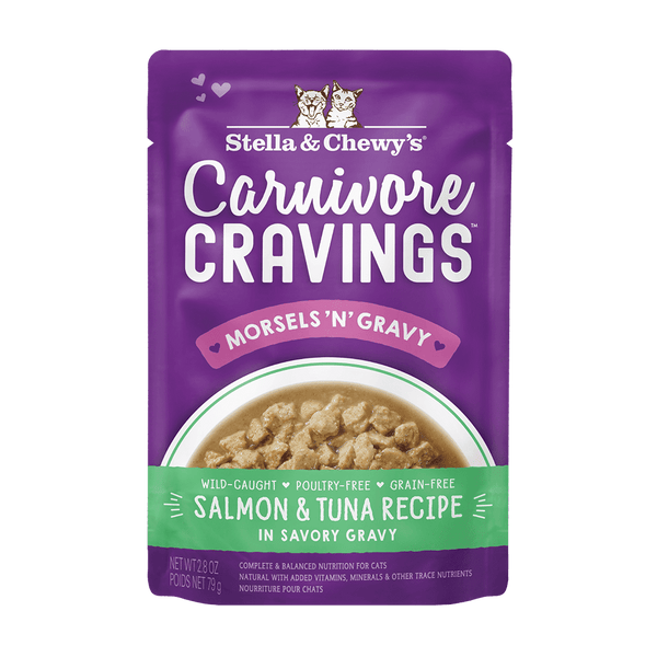 Carnivore Cravings Morsels 'N' Gravy Wild-Caught Salmon & Tuna Recipe in Savory Gravy Pouch Front
