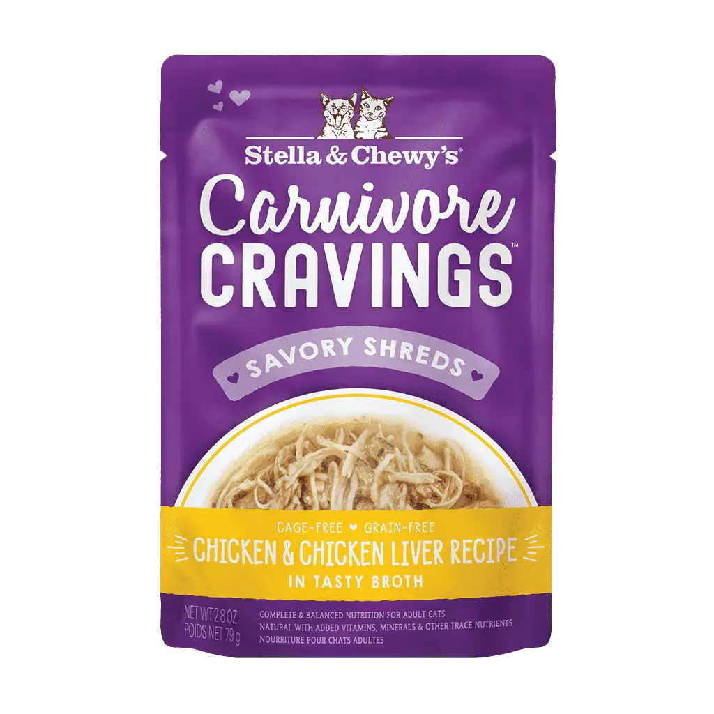 Carnivore Cravings Savory Shreds Chicken & Chicken Liver Recipe - Grain-Free Wet Cat Food Shreds in Pouches with Broth by Stella & Chewy's