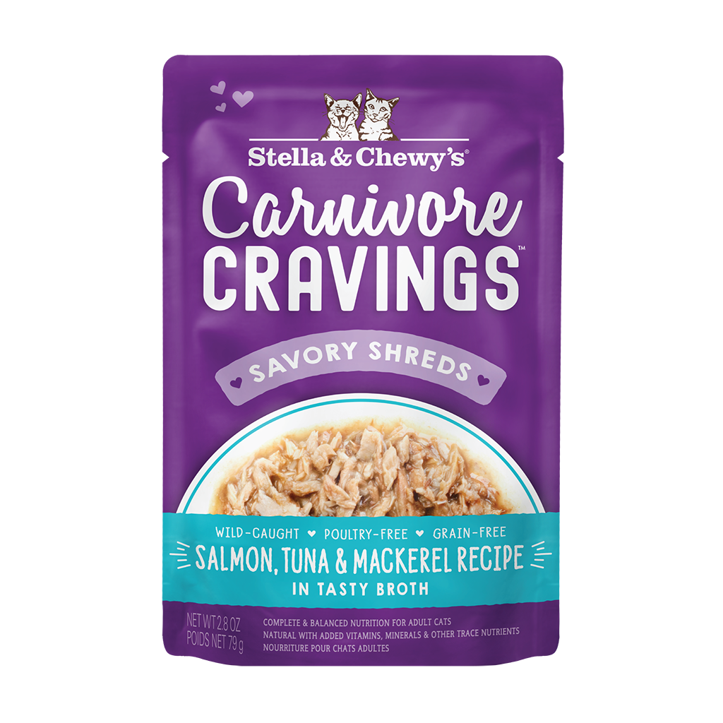 Carnivore Cravings Savory Shreds Salmon, Tuna & Mackerel Recipe - Grain-Free Wet Cat Food Shreds in Pouches with Broth by Stella & Chewy's