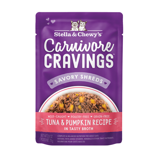 Carnivore Cravings Savory Shreds Tuna & Pumpkin Recipe in a tasty broth Pouch Front