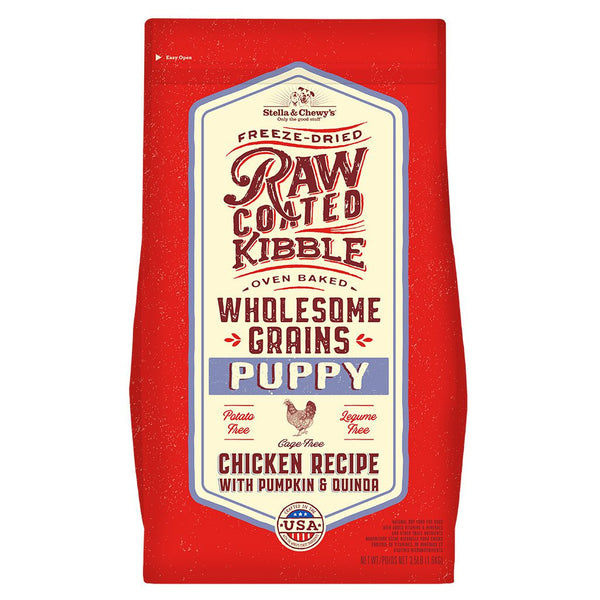 Stella & Chewy's Freeze-Dried Raw Coated Kibble Oven Baked Wholesome Grains Puppy Kibble Chicken Recipe with Pumpkin & Quinoa Packaging Front