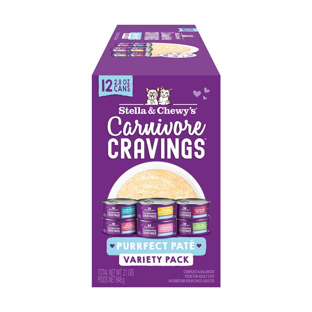Carnivore Cravings Savory Shreds Variety Pack: 12 x 2.8 oz cans - Grain-Free Canned Wet Cat Food Shreds in Broth by Stella & Chewy's
