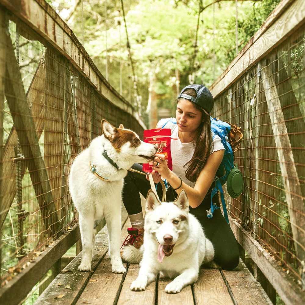 woman with 2 dogs pausing on a wooden trail in the woods to give dogs treats