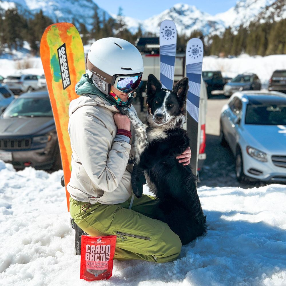 dog mom and her border collie snowboarding