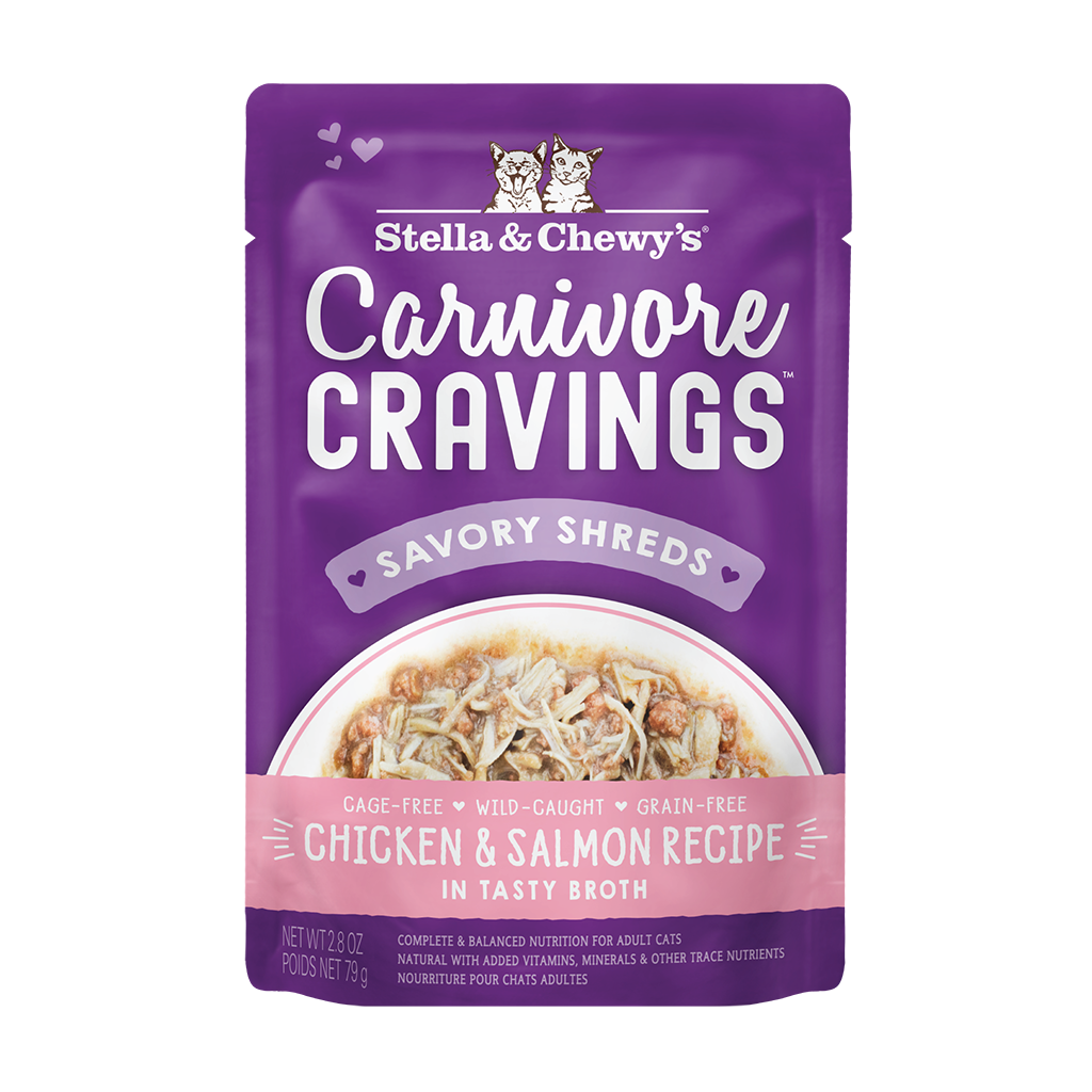 Carnivore Cravings Savory Shreds Chicken & Salmon Recipe in a tasty broth Pouch Front