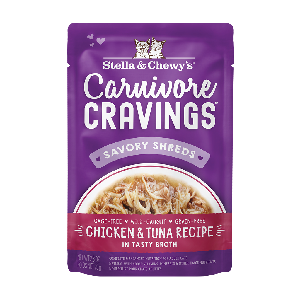 Carnivore Cravings Savory Shreds Chicken & Tuna Recipe in a tasty broth Pouch Front